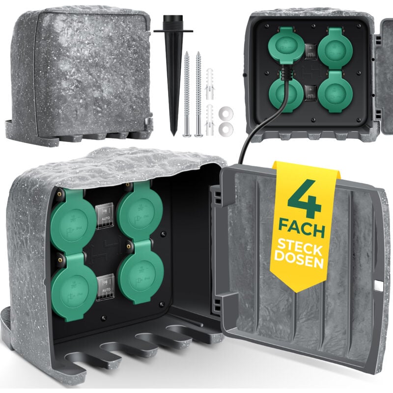 foto del prodotto kesser presa da giardino effetto pietra con 4 prese incl. picchetto a terra prese multiple da esterno con cavo di prolunga da 3 m presa da esterno