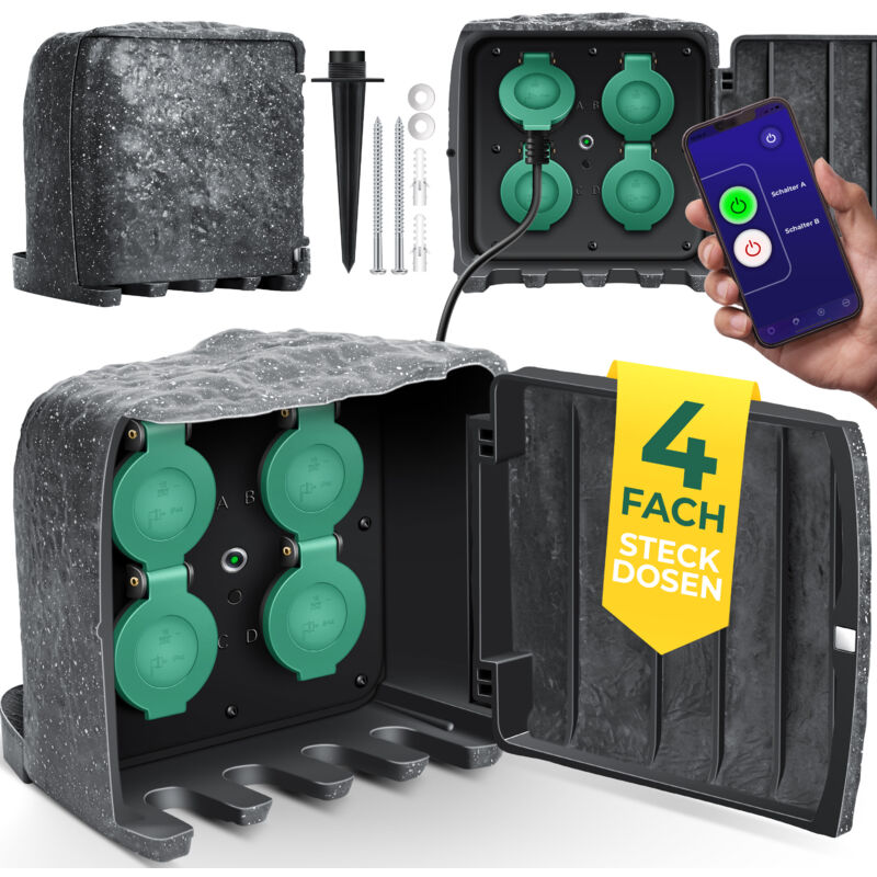 foto del prodotto kesser presa da giardino stone look con 4 prese con funzione wifi controllo tramite app incluso picchetto di terra prese multiple da esterno