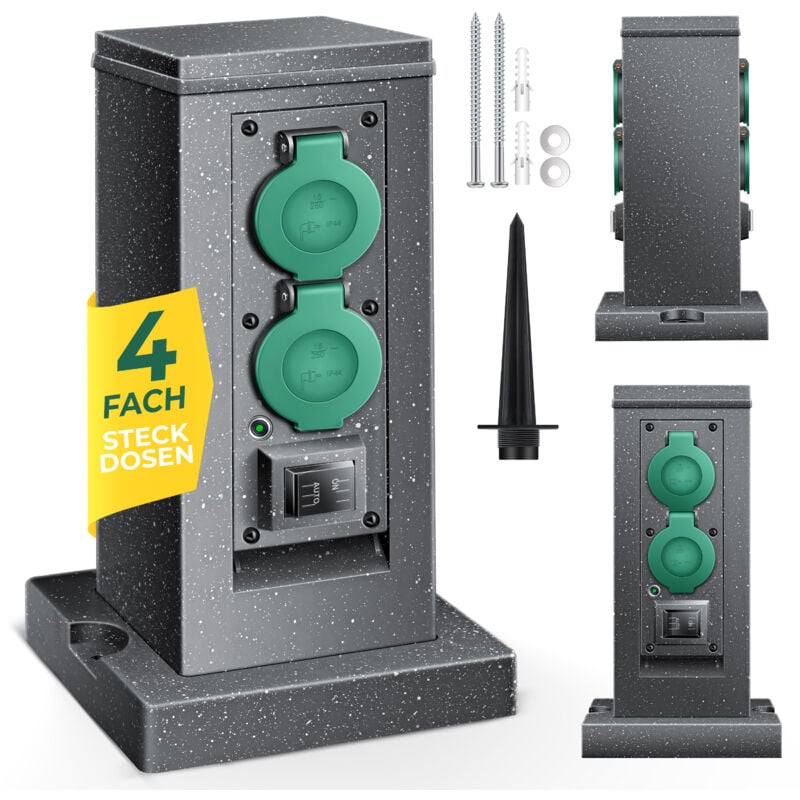 foto del prodotto kesser presa da giardino stone look con 4 prese incl. picchetto a terra prese multiple da esterno con cavo di prolunga da 3 m presa da esterno ip44