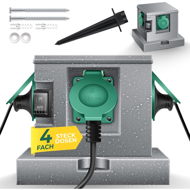 foto del prodotto kesser presa da giardino stone-look con 4 prese incl. picchetto a terra prese multiple da esterno con cavo di prolunga da 3 m presa da esterno ip44
