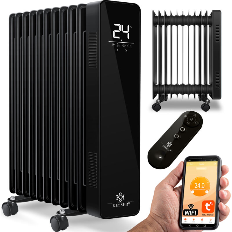 foto del prodotto kesser radiatore a olio 2500w, riscaldamento elettrico, risparmio energetico, touchscreen, app wifi e telecomando, mobile, nero