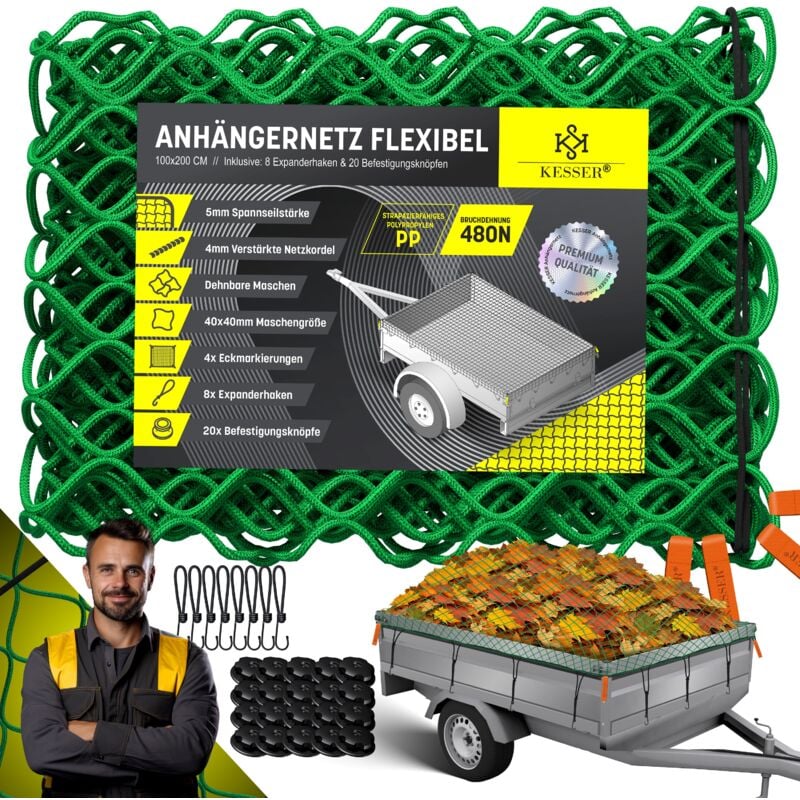 foto del prodotto kesser - rete da rimorchio estensibile a maglia fine con ganci rete da rimorchio con corda di tensione e cavo di rete per il fissaggio del carico