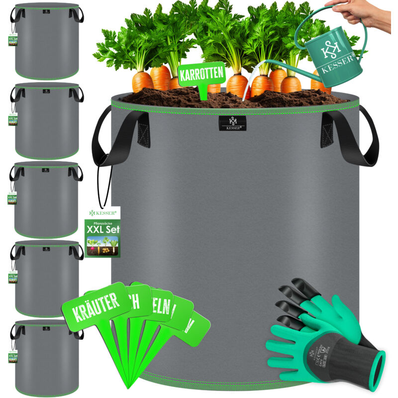 foto del prodotto kesser sacco da coltivazione 27 litri 5 in tessuto con etichette, finestra e manici perfetto per verdure, fiori e frutta grigio
