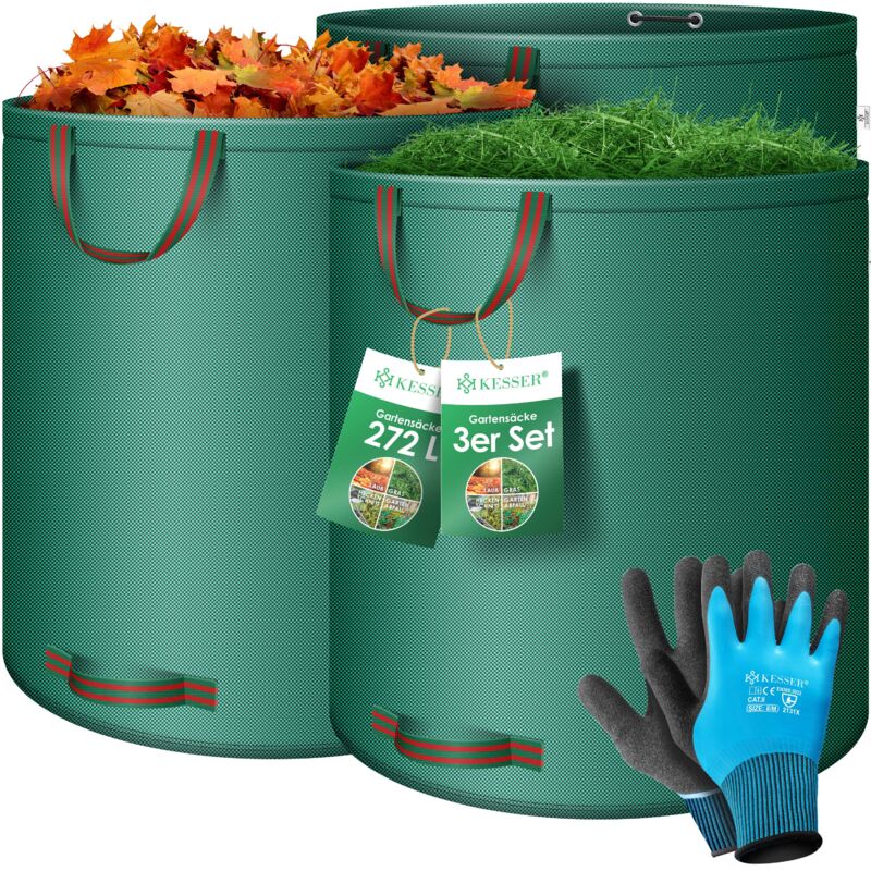 foto del prodotto kesser set di sacchi da giardino sacco per foglie e rifiuti da giardino con guanti 4 manici autoportanti robusto e pieghevole sacchi per foglie