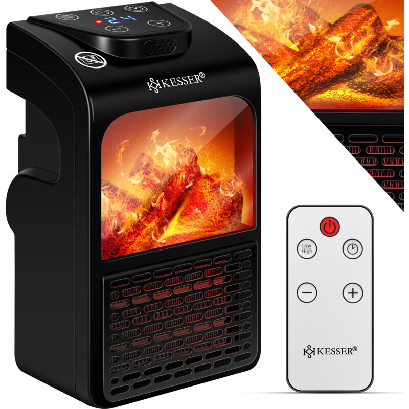 foto del prodotto kesser termoventilatore da presa di corrente a risparmio energetico mini con telecomando effetto camino display lcd riscaldatore in ceramica con