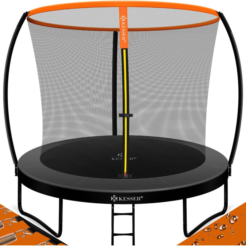 foto del prodotto kesser trampolino da giardino certificato t v rheinland gs fino a 150 kg con rete di sicurezza scaletta copertura bordi arancione antracite