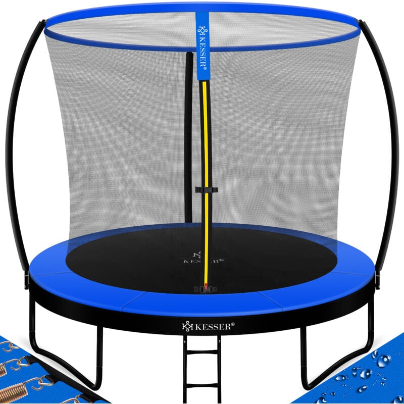 foto del prodotto kesser trampolino da giardino certificato t v rheinland gs fino a 150 kg con rete di sicurezza scaletta copertura bordi blu nero