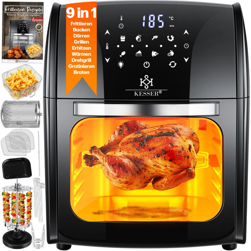 foto del prodotto kesser xxl airfryer 9in1 friggitrice ad aria calda friggitrice rotante grill a microonde libretto di ricette grill spiedo 1800 watt grigliate senza