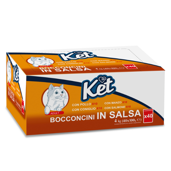 foto del prodotto ket adult bocconcini in salsa multipack 40x100 gr 40 bustine da 100 gr 1 ordine scegli lo sconto bzr5 bzr20 200 punti fedelt 