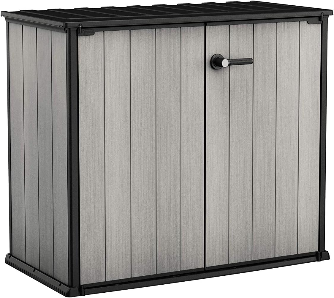 foto del prodotto keter porta attrezzi da giardino patio store, 1000l, effetto legno spazzolato, grigio, 139,5x77x120h cm