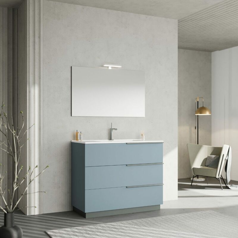 foto del prodotto kiamami valentina arredo bagno a terra 100cm celeste, specchio 100x60 con lampada new york