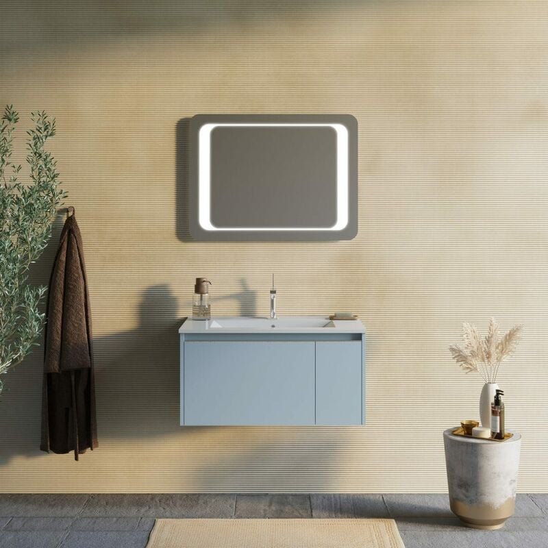 foto del prodotto kiamami valentina arredo bagno sospeso 80cm celeste e specchio con cornice led monaco