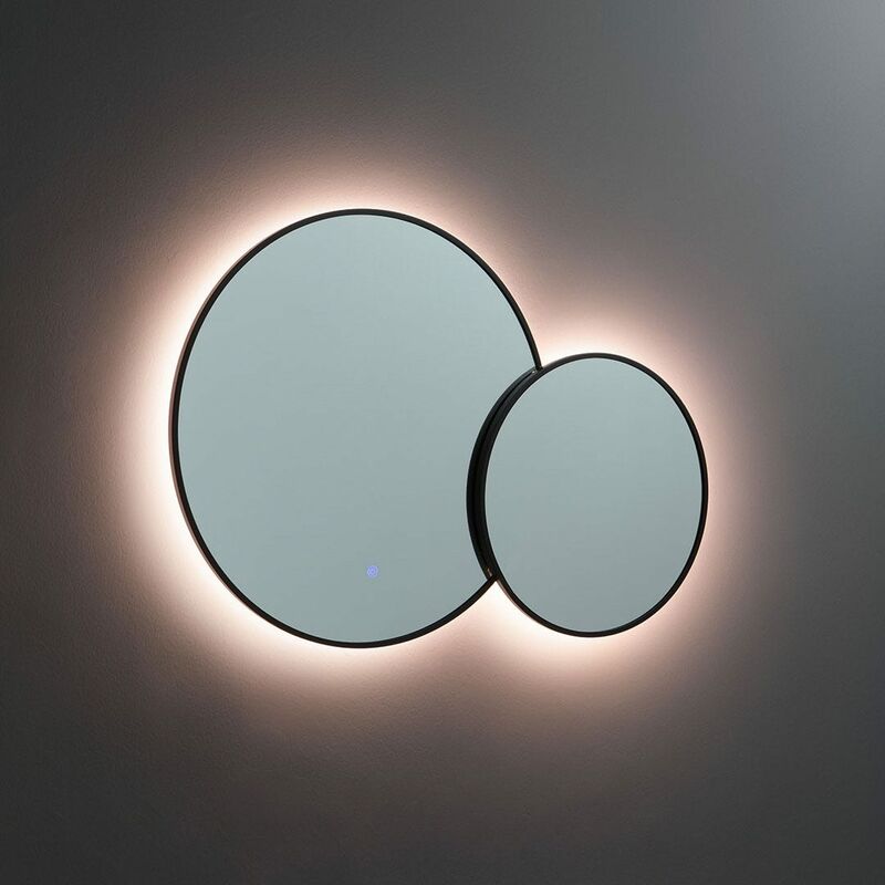 foto del prodotto kiamami valentina doppio specchio rotondo con bordo nero e retroilluminazione led