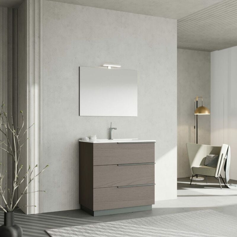 foto del prodotto kiamami valentina mobile a terra 80cm grigio con specchio 80x60 con lampada new york