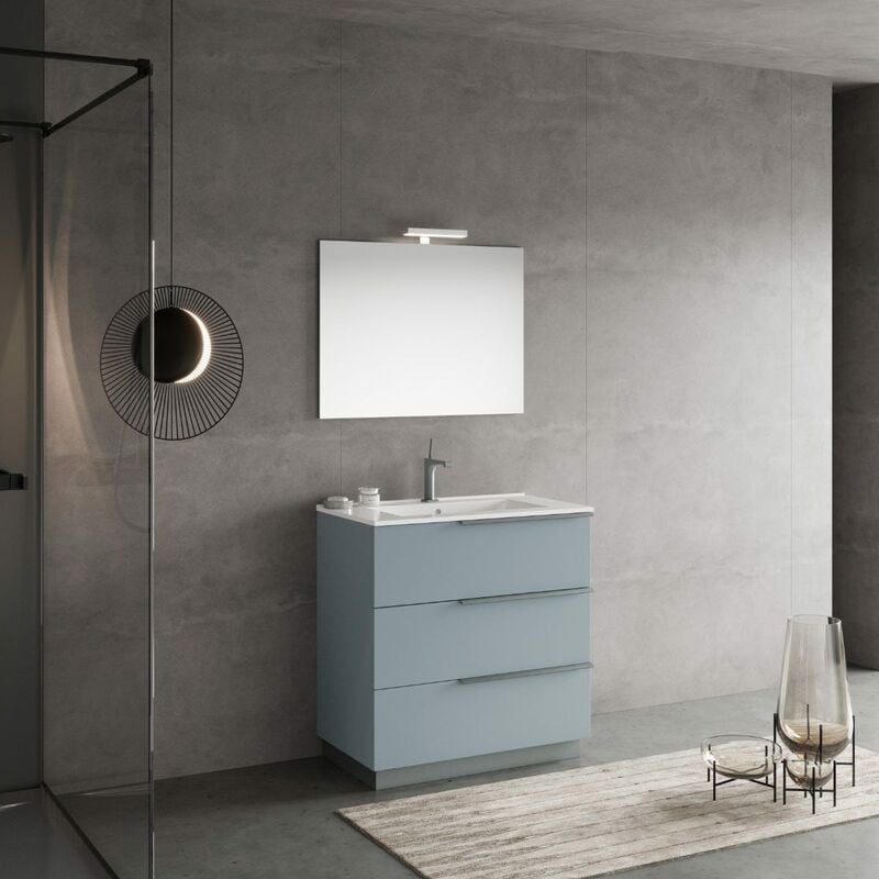 foto del prodotto kiamami valentina mobile a terra per bagno 80cm cassetti celeste, specchio con lampada new york