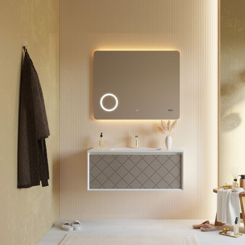 foto del prodotto kiamami valentina mobile bagno 100cm bianco opaco e grigio con specchio led integrato miami