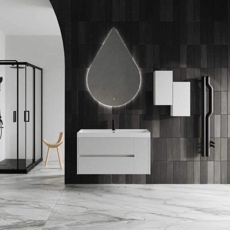 foto del prodotto kiamami valentina mobile bagno 100cm bianco opaco specchio a goccia cortina