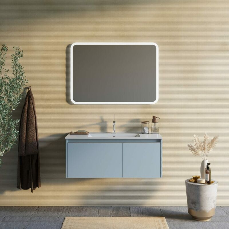 foto del prodotto kiamami valentina mobile bagno 100cm blu celeste opaco, lavabo in ceramica, specchio monaco