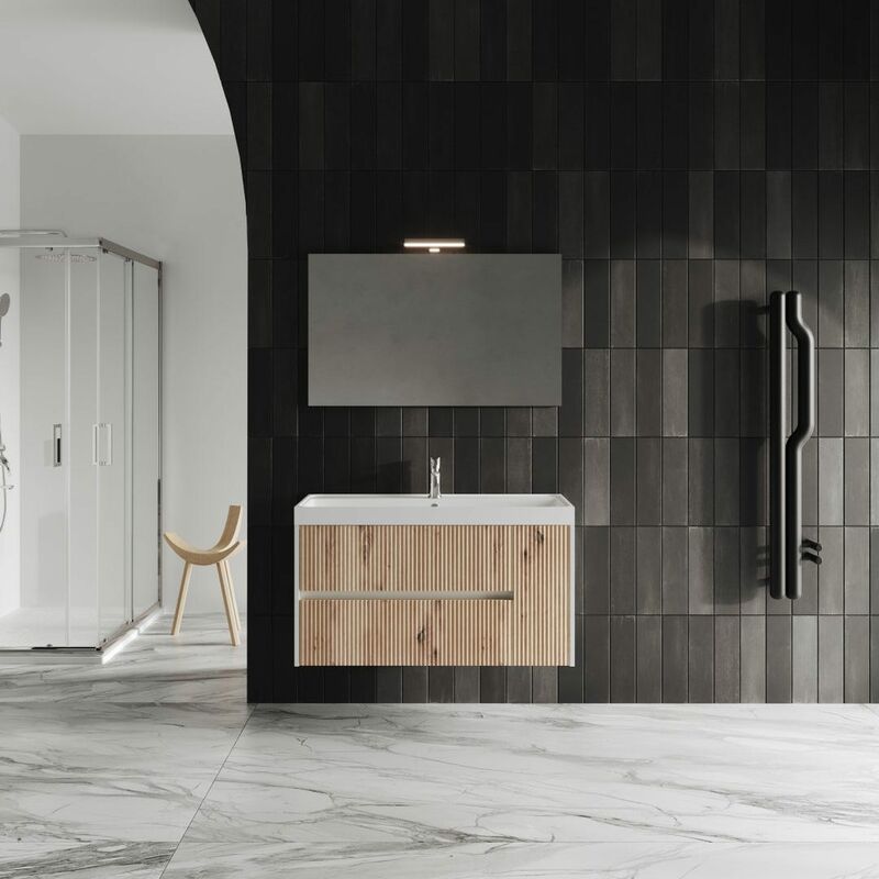 foto del prodotto kiamami valentina mobile bagno 100cm rovere oro cannettato e specchio 100x60 cortina
