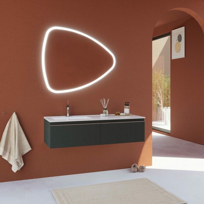 foto del prodotto kiamami valentina mobile bagno 120 cm grigio scuro, lavabo asimmetrico e specchio a goccia seattle