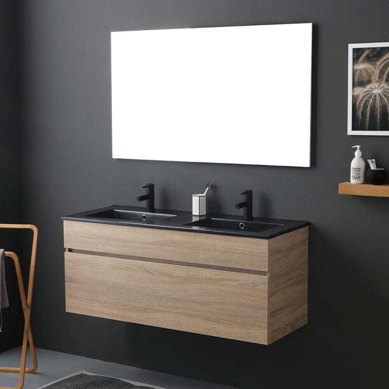foto del prodotto kiamami valentina mobile bagno 120cm quercia naturale con doppio lavabo nero opaco sole