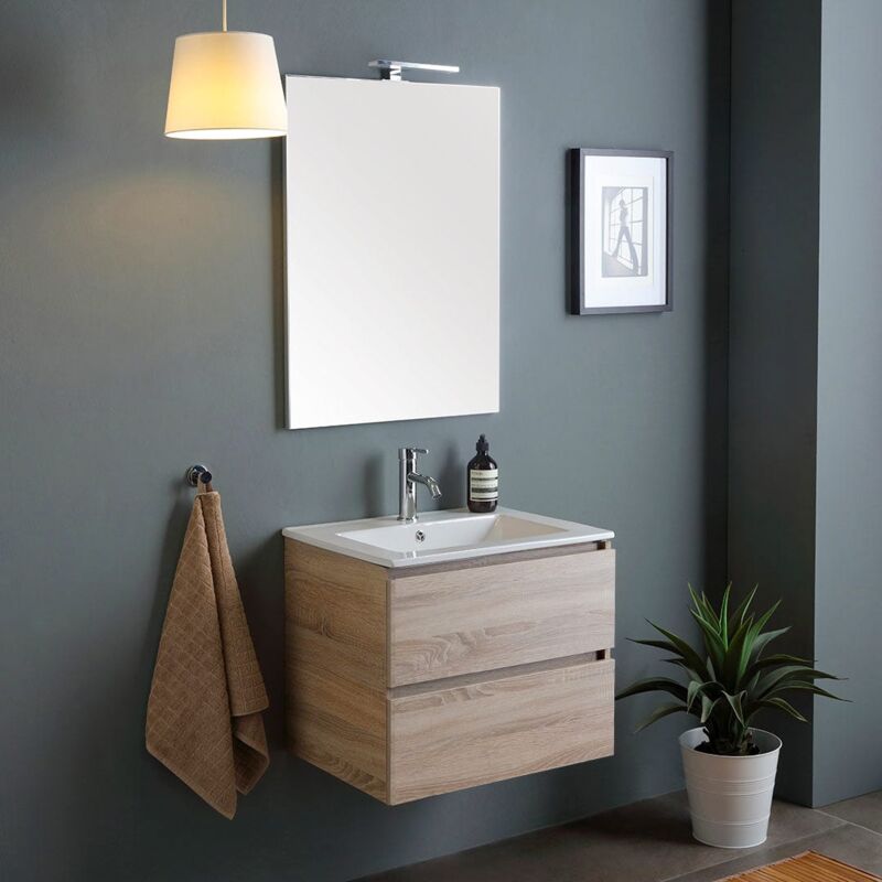 foto del prodotto kiamami valentina mobile bagno 60cm 2 cassetti effetto legno specchio con lampada berlin
