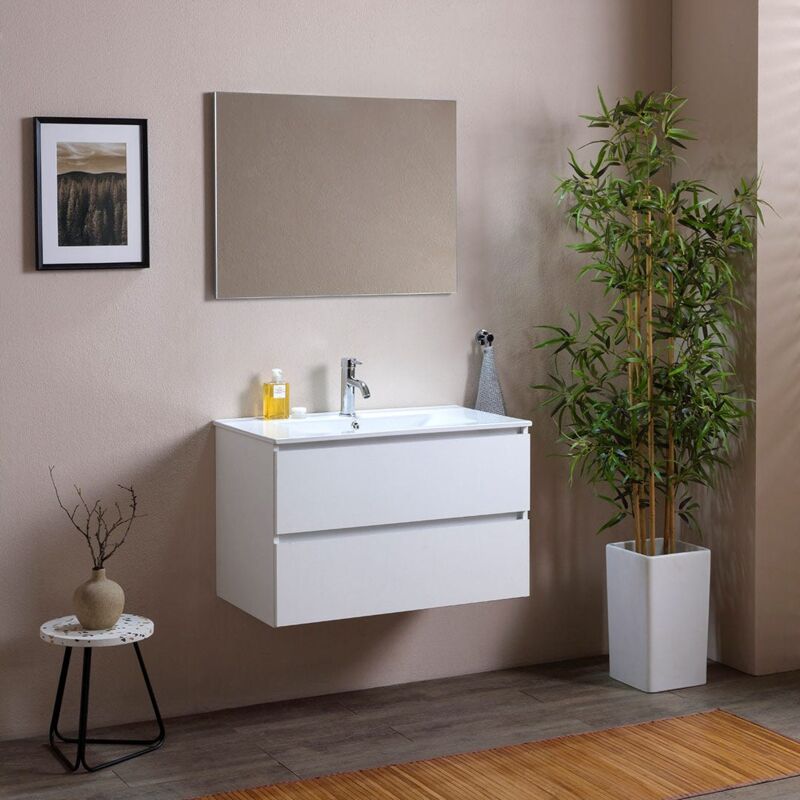foto del prodotto kiamami valentina mobile bagno 80 cm con due cassetti bianco, lavabo in ceramica berlin