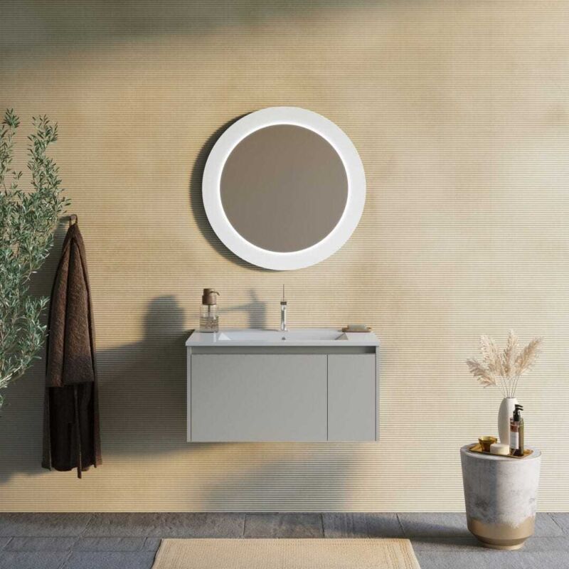 foto del prodotto kiamami valentina mobile bagno 80cm beige sabbia con specchio tondo illuminato led monaco