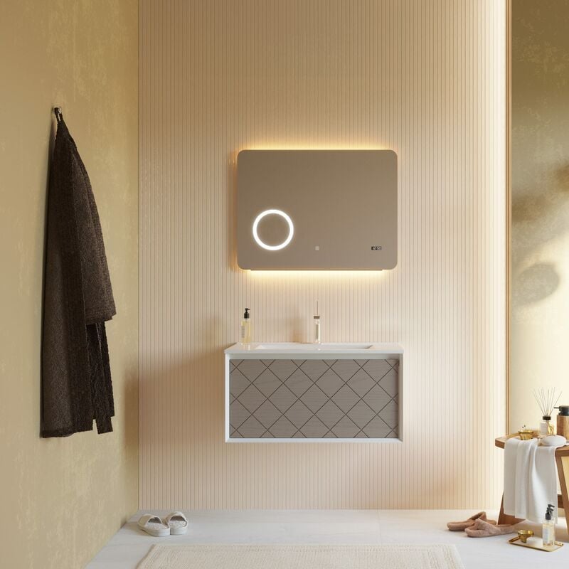 foto del prodotto kiamami valentina mobile bagno 80cm grigio frassinato e specchio touch led 80x60 miami