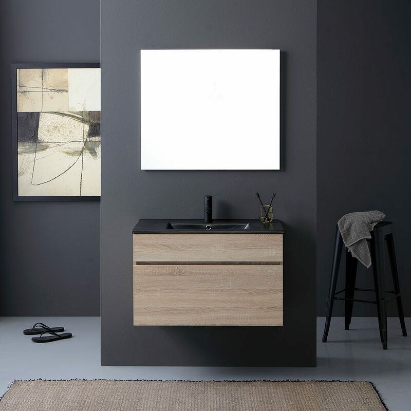 foto del prodotto kiamami valentina mobile bagno 80cm quercia naturale con lavabo nero e specchio a filo sole