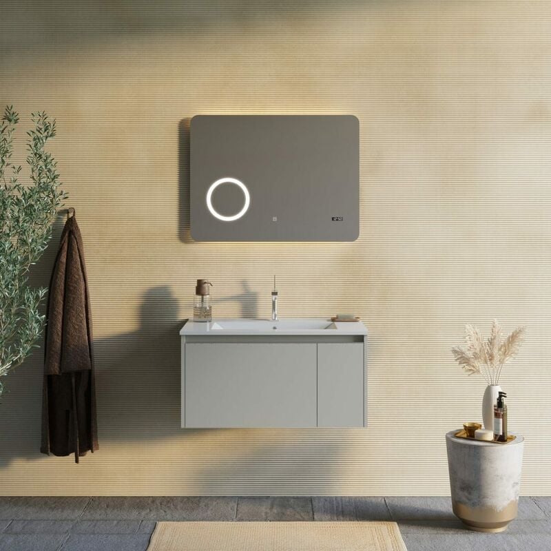 foto del prodotto kiamami valentina mobile bagno 80cm sabbia opaco e specchio led con orologio monaco