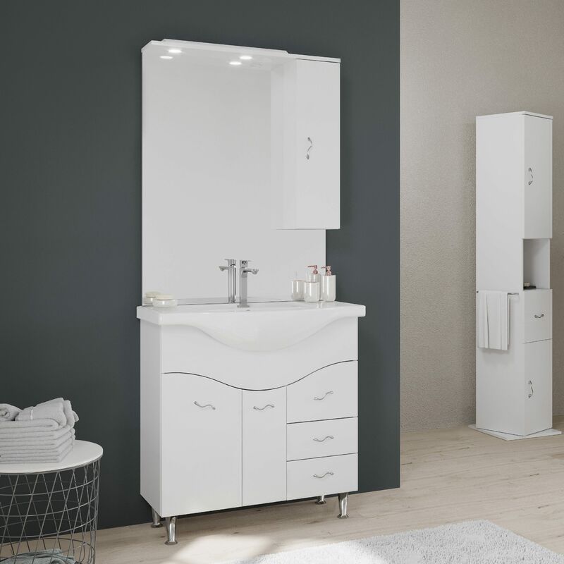 foto del prodotto kiamami valentina mobile bagno 85cm a terra con lavabo specchio e pensile bianco easy