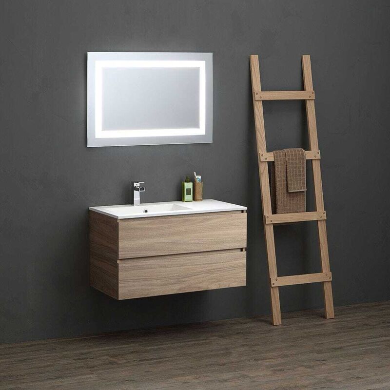 foto del prodotto kiamami valentina mobile bagno 90cm rovere con lavabo assimmetrico e specchio led valentina
