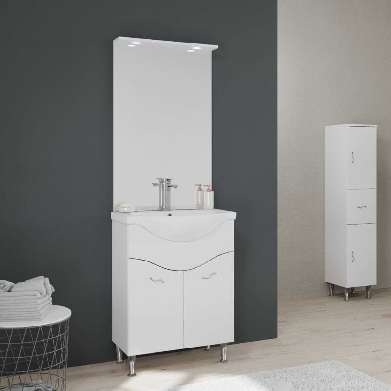 foto del prodotto kiamami valentina mobile bagno a terra 65cm 2 ante, specchio con led bianco lucido easy