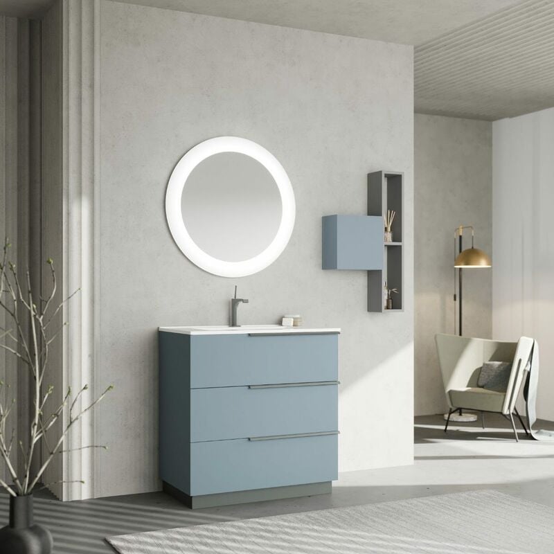 foto del prodotto kiamami valentina mobile bagno a terra 80cm 3 cassetti celeste opaco e specchio new york
