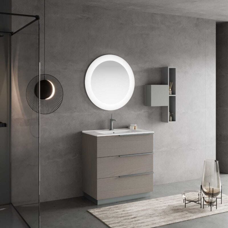 foto del prodotto kiamami valentina - mobile bagno a terra 80cm grigio frassino, specchio tondo led new york