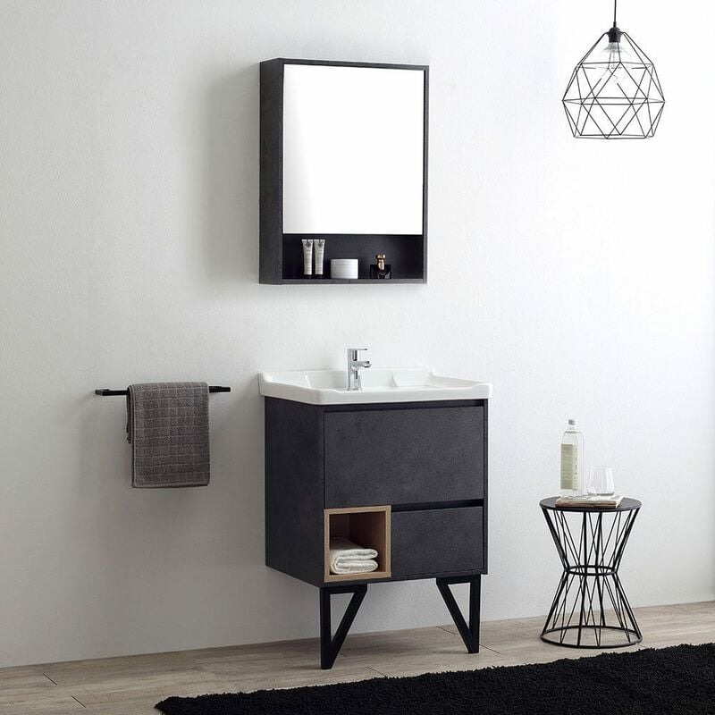 foto del prodotto kiamami valentina mobile bagno a terra moderno cm60 grigio industriale specchio contenitore vienna