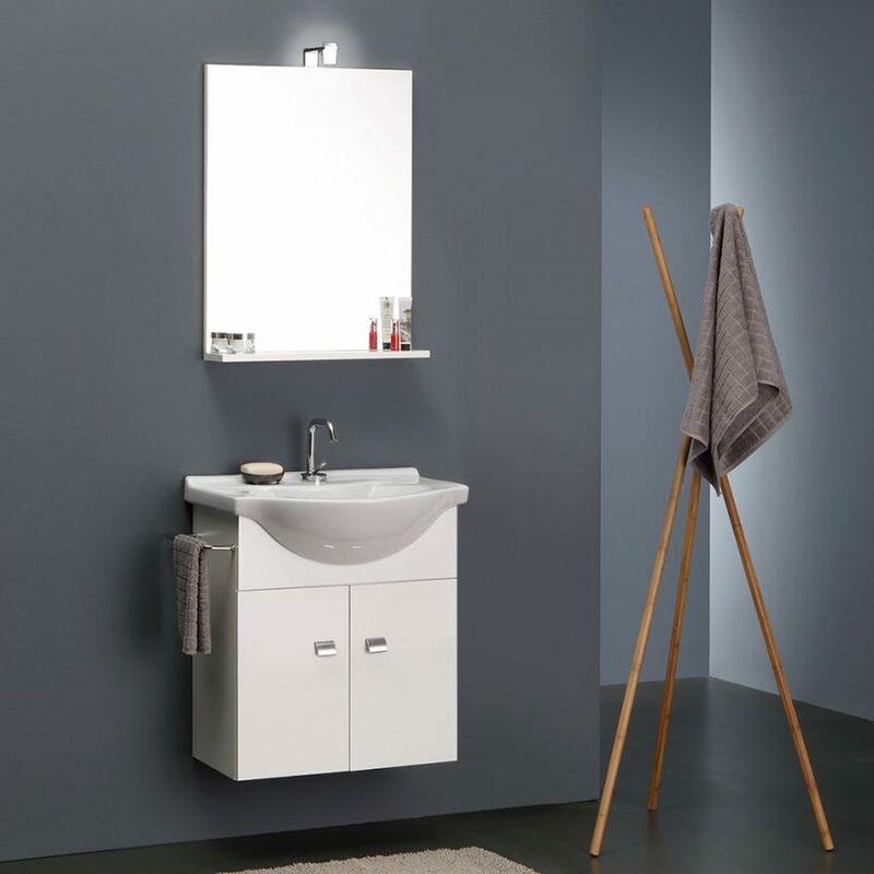 foto del prodotto kiamami valentina mobile bagno bianco economico da 56 cm lavabo, specchio e luce