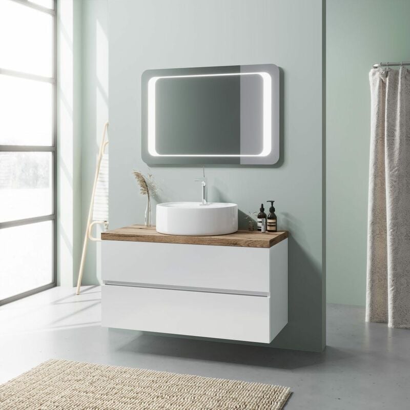 foto del prodotto kiamami valentina mobile bagno bianco lucido 100cm lavabo appoggio e specchio led elba