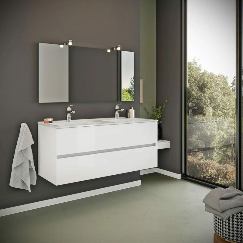 foto del prodotto kiamami valentina mobile bagno bianco lucido 120cm, cassetti e doppio lavabo benaco