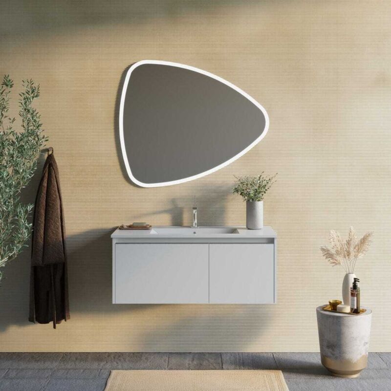foto del prodotto kiamami valentina mobile bagno bianco opaco 100 cm, lavabo e specchio a goccia monaco
