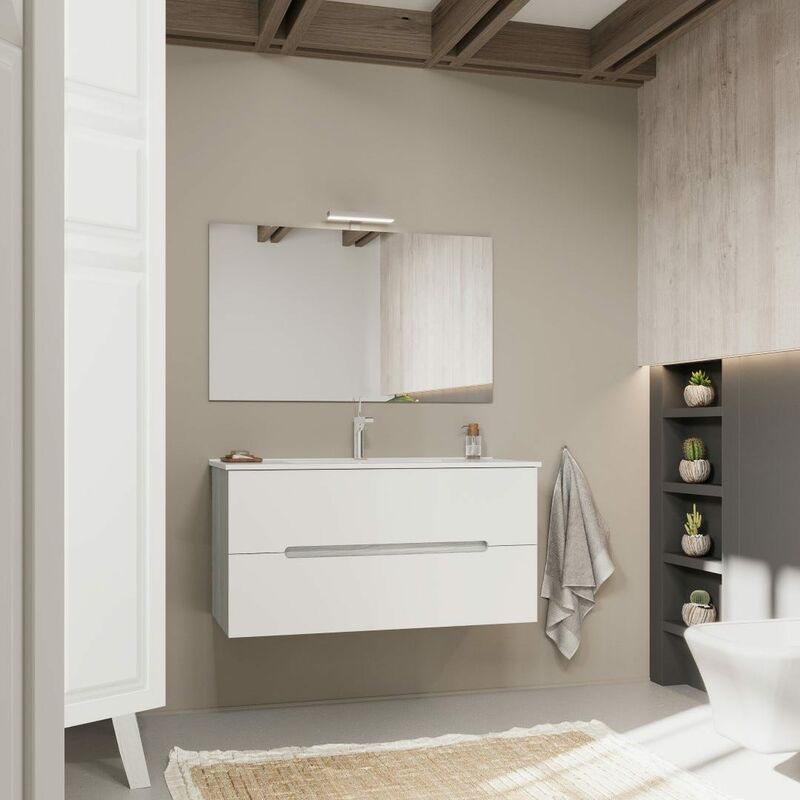 foto del prodotto kiamami valentina mobile bagno cassetti bianco opaco e legno grigio 100cm magnolia