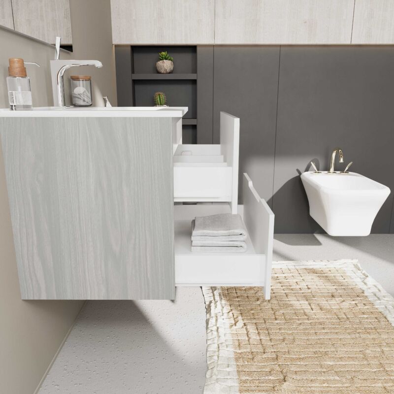 foto del prodotto kiamami valentina mobile bagno cassetti bianco opaco, fianchi legno quercia grigio magnolia