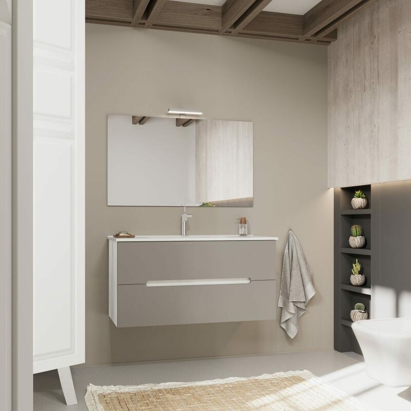 foto del prodotto kiamami valentina mobile bagno cassetti grigio opaco, fianchi bianco quercia 100cm magnolia