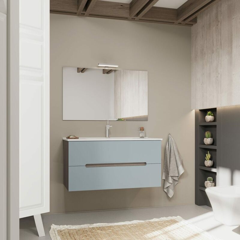 foto del prodotto kiamami valentina mobile bagno colorato blu opaco e quercia naturale 100 cm magnolia