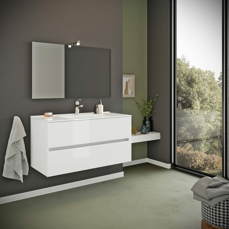 foto del prodotto kiamami valentina mobile bagno con cassetti 100cm lavabo e specchio bianco lucido benaco