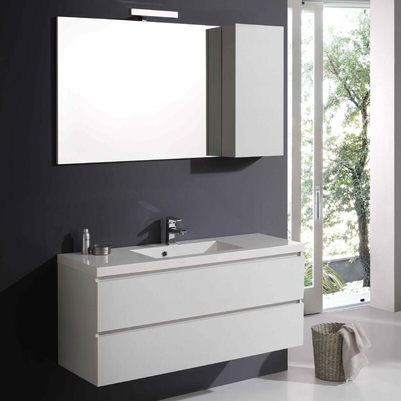 foto del prodotto kiamami valentina mobile bagno con cassetti 120cm bianco foresta specchio pensile manhattan