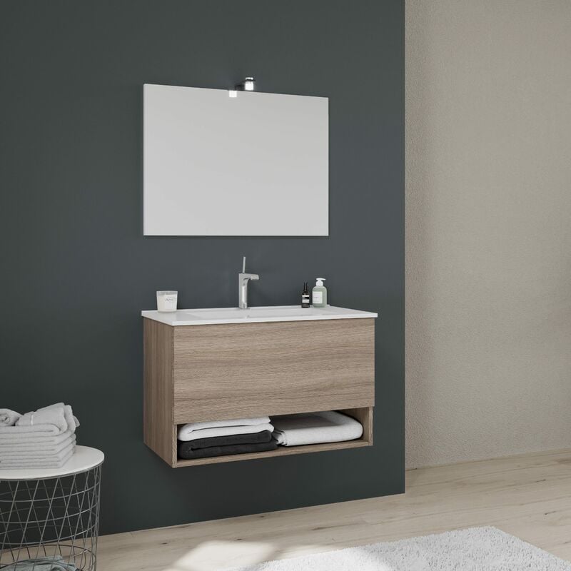 foto del prodotto kiamami valentina mobile bagno con cassettone,vano a giorno 80cm quercia naturale venezia