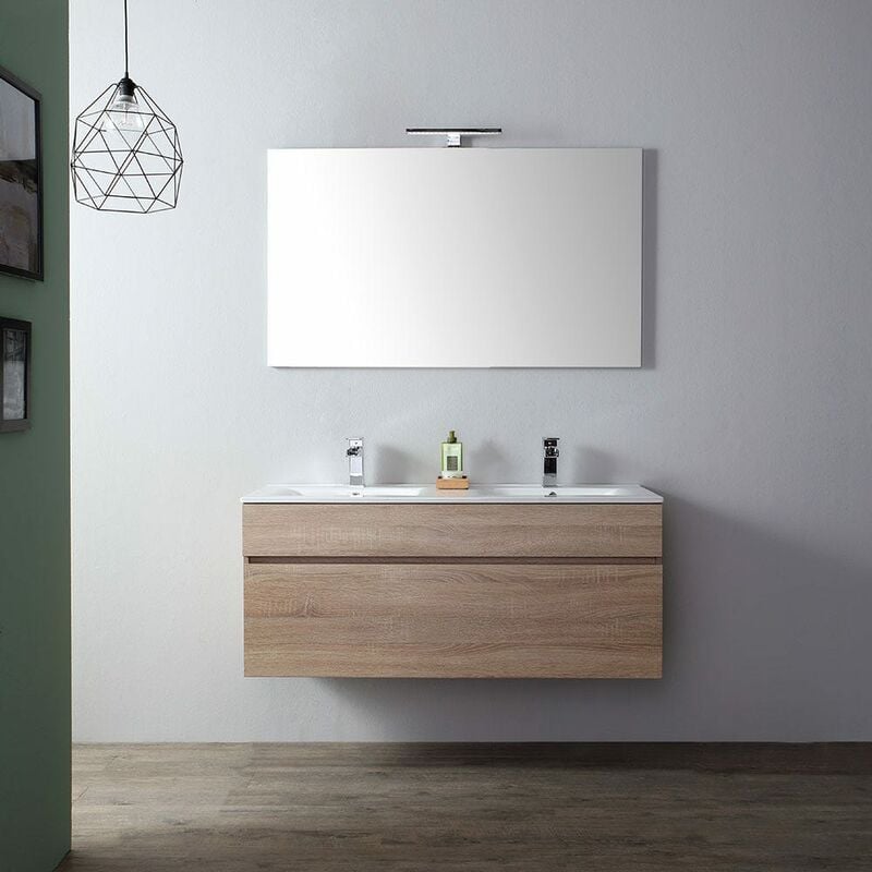foto del prodotto kiamami valentina mobile bagno da 120 cm con doppio lavabo in quercia naturale sospeso sole