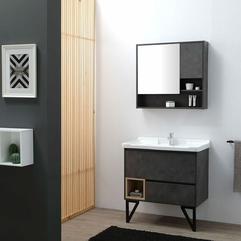 foto del prodotto kiamami valentina mobile bagno da terra 80cm grigio industriale e specchio contenitore vienna